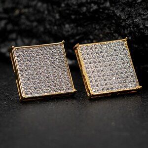 Square Flat Screen Large Hip Hop Two Tone Yellow Gold Sterling Silver Earrings